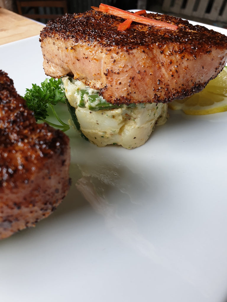 Tuna Steaks with Coffee Rub & Pesto Bean Salad - SmokeyQ